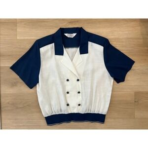 Navy & White Collared Blouse Banded Hem Nautical Hamptons Yacht Preppy Secretary